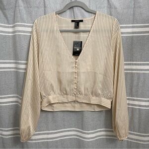 FOREVER 21 / Cream Striped Semi Sheer Long Sleeve Crop Button up Blouse Size M